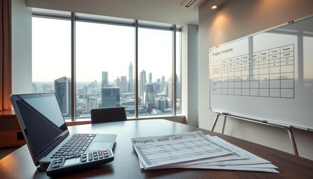 A modern, well-lit office interior with a large window overlooking a bustling urban skyline of Johannesburg. In the foreground, a desk with a laptop, calculator, and neatly organized papers showcasing detailed cost breakdowns for a property refurbishment project. On the wall, a whiteboard displays a project timeline and budget. The room has a warm, professional atmosphere, with sophisticated lighting and a minimalist, yet stylish decor. The overall impression conveys an air of careful planning and financial diligence in tackling the complexities of investment property renovations in South Africa.
