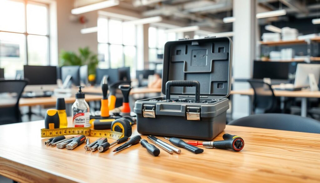 A neatly arranged desktop showcasing various tools and equipment for table and desk repair in a well-lit, contemporary office setting. In the foreground, a tape measure, screwdrivers, and a small toolbox sit atop a wooden table surface. In the middle ground, an open laptop displays estimated repair costs for different table sizes and materials, complemented by a calculator and a stack of paperwork. The background features a large window overlooking the Gauteng skyline, creating a sense of professionalism and attention to detail within the repair service. The overall mood is one of efficiency, expertise, and a commitment to providing transparent pricing information to customers.