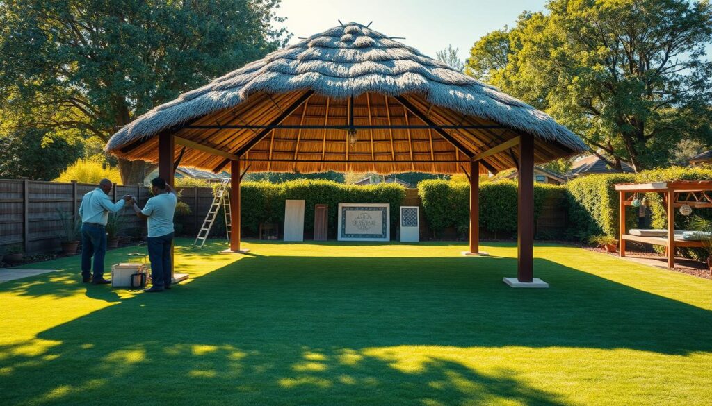 A neatly manicured backyard in Gauteng, South Africa, with a professional lapa installation service showcasing their expertise. The lapa, a traditional thatched-roof shelter, stands tall and proud, casting warm shadows across the well-maintained lawn. In the foreground, a team of skilled workers carefully installs the intricate roof structure, using traditional techniques and modern tools. The middle ground features a collection of lapa design options, showcasing the versatility and customization available to homeowners. In the background, the vibrant greenery of the Gauteng landscape provides a serene and natural backdrop, highlighting the seamless integration of the lapa into the outdoor living space. Warm, natural lighting filters through the thatched roof, creating a cozy and inviting atmosphere. The scene conveys a sense of professionalism, craftsmanship, and the perfect fusion of traditional and contemporary lapa design. A neatly manicured backyard in Gauteng, South Africa, with a professional lapa installation service showcasing their expertise. The lapa, a traditional thatched-roof shelter, stands tall and proud, casting warm shadows across the well-maintained lawn. In the foreground, a team of skilled workers carefully installs the intricate roof structure, using traditional techniques and modern tools. The middle ground features a collection of lapa design options, showcasing the versatility and customization available to homeowners. In the background, the vibrant greenery of the Gauteng landscape provides a serene and natural backdrop, highlighting the seamless integration of the lapa into the outdoor living space. Warm, natural lighting filters through the thatched roof, creating a cozy and inviting atmosphere. The scene conveys a sense of professionalism, craftsmanship, and the perfect fusion of traditional and contemporary lapa design.