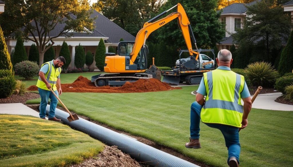 A neatly manicured suburban backyard, with a crew of professional drainage technicians diligently installing a French drain system. In the foreground, a worker in a high-visibility vest carefully lays down corrugated drainage pipe, while his colleague uses a shovel to dig a trench. In the middle ground, a large excavator carefully maneuvers around the site, its powerful hydraulic arm seamlessly moving earth to create the necessary infrastructure. In the background, a well-maintained pickup truck is parked, its logo prominently displaying the name of the professional drainage services company. The scene is bathed in warm, golden afternoon light, conveying a sense of competence, efficiency, and attention to detail in the execution of this essential home improvement project.