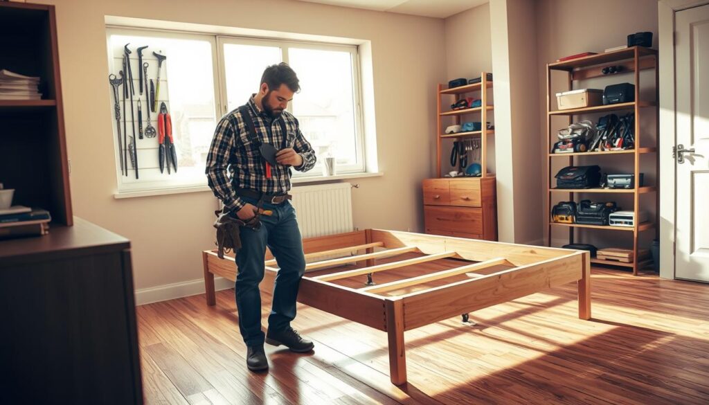A neatly organized bedroom with a professional bed frame repair technician examining the frame. The room has warm, natural lighting streaming in from a large window, illuminating the wooden floorboards and neutral-toned walls. The technician, wearing a tool belt and work clothes, is carefully inspecting the frame, assessing the damage and planning the necessary repairs. In the background, shelves display an array of tools and spare parts, hinting at the expertise and preparedness of this independent handyman service. The scene conveys a sense of competence, attention to detail, and a commitment to restoring the bed frame to its full functionality.