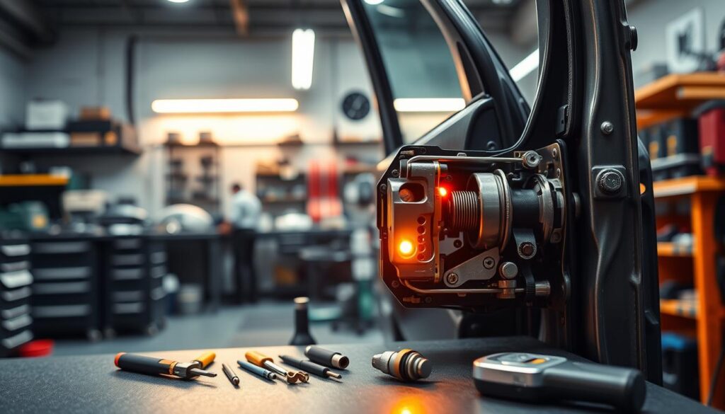 A neatly organized car repair workshop interior, with a focus on a car door lock mechanism. The foreground showcases the intricate components of a car door lock assembly, including the locking cylinder, springs, and various moving parts, all illuminated by warm, directional lighting. The middle ground features a selection of specialized tools, such as locksmith picks and diagnostic equipment, placed strategically around the repair station. The background subtly depicts the workshop environment, with shelves of spare parts, workbenches, and a sense of organized professionalism. The overall mood conveys the technical expertise and attention to detail required for effective car door lock repair services.