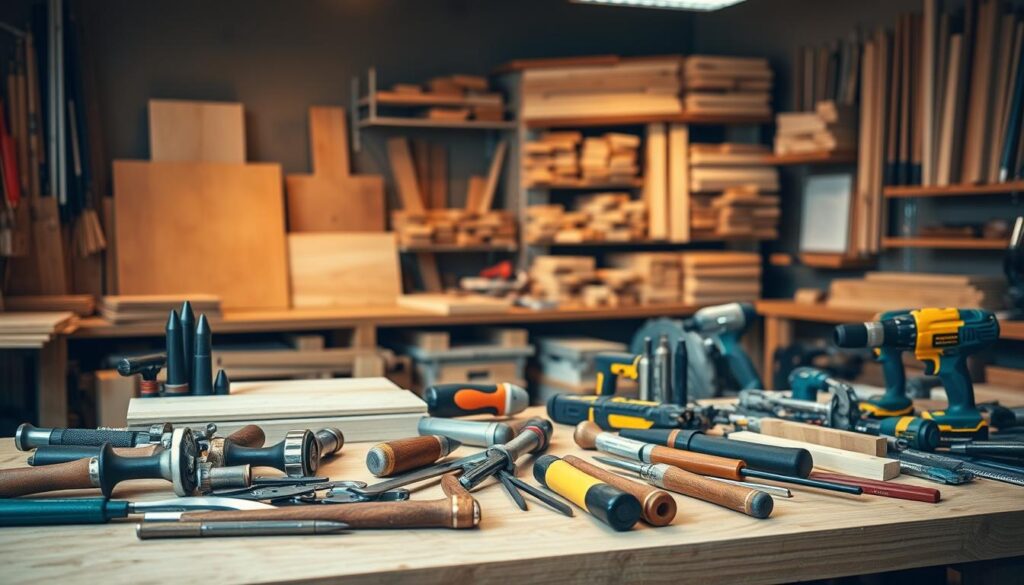 A neatly organized carpentry workshop, with a workbench in the foreground showcasing an array of professional-grade hand tools and power tools, including hammers, saws, drills, and chisels. In the middle ground, various wood samples and partially completed projects suggest the range of carpentry repair solutions, while the background features shelves stocked with lumber, fasteners, and other materials. The lighting is warm and natural, casting a soft glow over the scene, creating a sense of expertise and craftsmanship. The overall composition conveys a professional, well-equipped space dedicated to providing high-quality carpentry repair services.