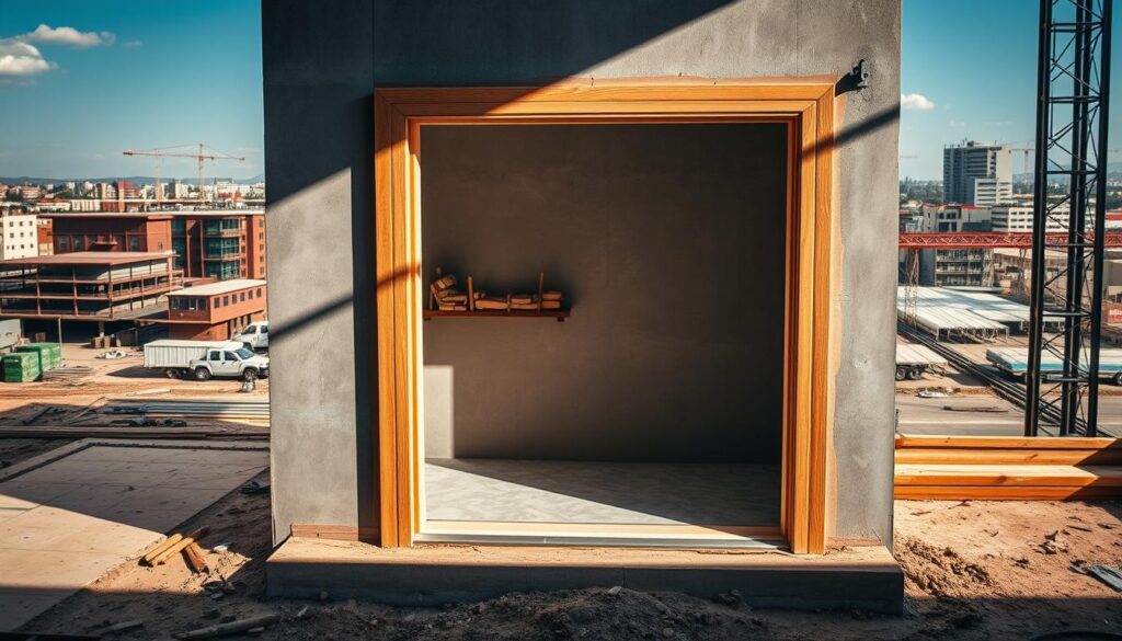 A neatly organized construction site in the bustling Gauteng region, showcasing the installation of a robust, modern door frame. The frame is made of high-quality materials, expertly fitted into the entryway, casting dramatic shadows and highlights across the scene. The surrounding environment is a mix of urban structures and infrastructure, capturing the dynamic, diverse landscape of the Johannesburg, Sandton, and Pretoria areas. The lighting is a balance of warm, natural sunlight and cool, directional studio lighting, emphasizing the intricate details of the installation process. The overall mood is one of professionalism, efficiency, and attention to regional pricing considerations.
