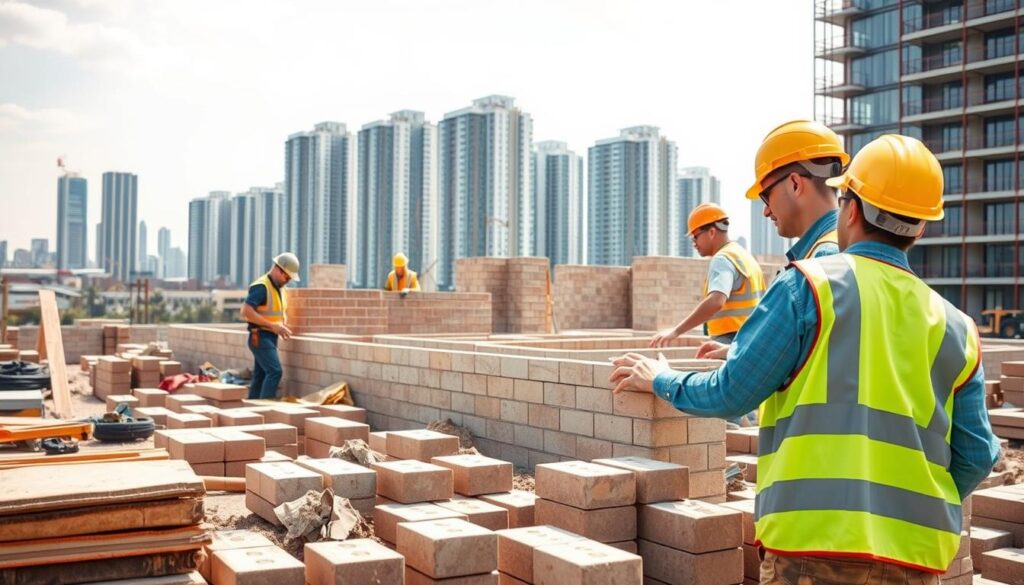 A neatly organized construction site on a sunny day, featuring a team of skilled blockwork contractors in hard hats and high-visibility vests, carefully laying bricks and blocks. The foreground showcases various construction materials, tools, and equipment, providing a sense of the cost and labor involved. The middle ground depicts the partially completed blockwork structure, with clean lines and precise craftsmanship. In the background, a modern urban skyline with sleek high-rise buildings sets the scene. The lighting is natural and diffused, creating a sense of professionalism and attention to detail. The overall mood is one of efficiency, expertise, and the collaborative effort required for a successful blockwork project.