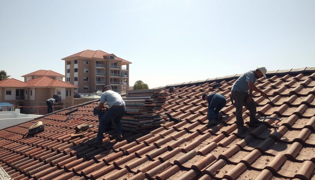 A neatly organized construction site with a partially completed roof, showcasing the various stages of roofing installation. The foreground displays workers carefully laying tiles or shingles, using professional tools and equipment. The middle ground features a stack of roofing materials, providing a sense of the scale and logistics involved. In the background, a multi-story residential or commercial building stands, highlighting the context of the roofing project. The scene is illuminated by natural sunlight, casting warm, diffused shadows that emphasize the textures and details of the materials. The overall atmosphere conveys a sense of productivity, efficiency, and the skilled craftsmanship required for successful roofing installation and repair in South Africa.