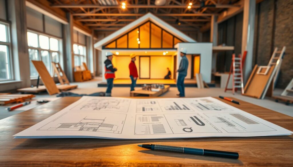 A neatly organized construction site with workers meticulously planning a home renovation project. In the foreground, a table displays architectural plans, cost breakdowns, and project timelines, all illuminated by warm, focused lighting. In the middle ground, workers discuss strategies to manage unexpected expenses, with a sense of collaboration and attention to detail. The background showcases the partially renovated structure, its sleek, modern design hinting at the finished product. An atmosphere of careful planning and cost-conscious decision-making pervades the scene, reflecting the "Budget Planning and Hidden Cost Management" theme.