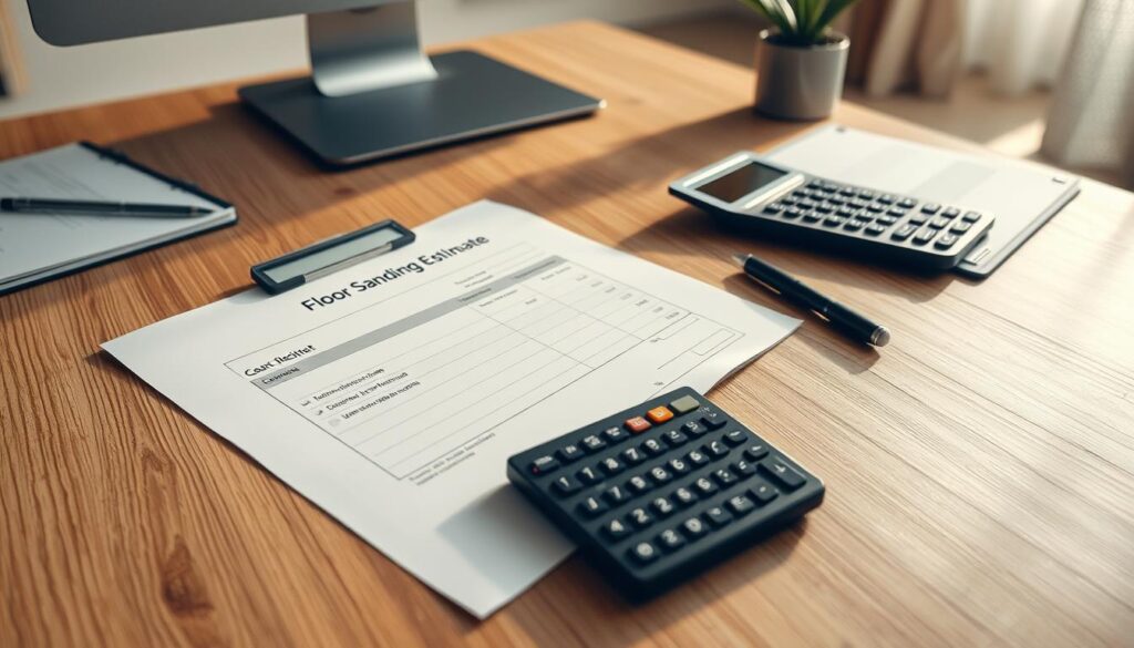 A neatly organized desk with a professional-looking floor sanding estimate document, a calculator, and a pen. The document is placed on a natural wood grain surface, casting warm, soft lighting across the scene. In the background, hints of a clean, minimalist office space are visible, creating a sense of efficiency and attention to detail. The overall mood is one of expertise, precision, and a commitment to providing a high-quality service.