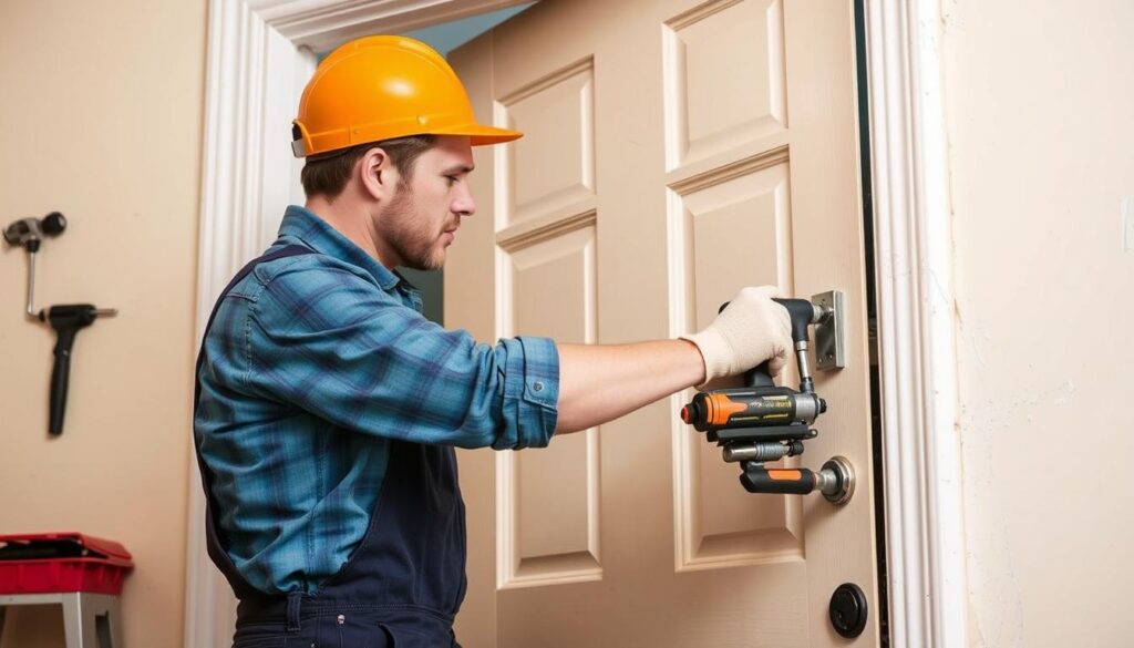 A neatly organized display of door replacement cost factors, showcased in a modern and minimalist interior setting. The foreground features a variety of door types, materials, and styles, each with clear price tags indicating the impact of factors such as size, design complexity, and hardware. The middle ground depicts a selection of door installation tools and labor costs, while the background showcases a sleek, well-lit room with neutral-toned walls and hardwood floors, creating a professional and informative atmosphere. The image is captured with a wide-angle lens, providing a comprehensive overview of the key elements that influence door replacement pricing.