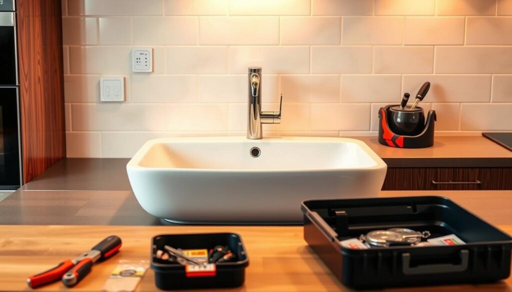 A neatly organized kitchen counter, featuring a modern basin installation with clean lines and a sleek design. The basin is placed against a light-colored tile backsplash, creating a harmonious, minimalist aesthetic. Warm task lighting casts a soft glow, highlighting the basin's polished chrome faucet and smooth, lustrous surface. In the foreground, an open toolbox and a selection of plumbing supplies suggest the process of professional installation, while the background showcases a well-appointed kitchen, hinting at the cost factors influencing the overall project. A neatly organized kitchen counter, featuring a modern basin installation with clean lines and a sleek design. The basin is placed against a light-colored tile backsplash, creating a harmonious, minimalist aesthetic. Warm task lighting casts a soft glow, highlighting the basin's polished chrome faucet and smooth, lustrous surface. In the foreground, an open toolbox and a selection of plumbing supplies suggest the process of professional installation, while the background showcases a well-appointed kitchen, hinting at the cost factors influencing the overall project.