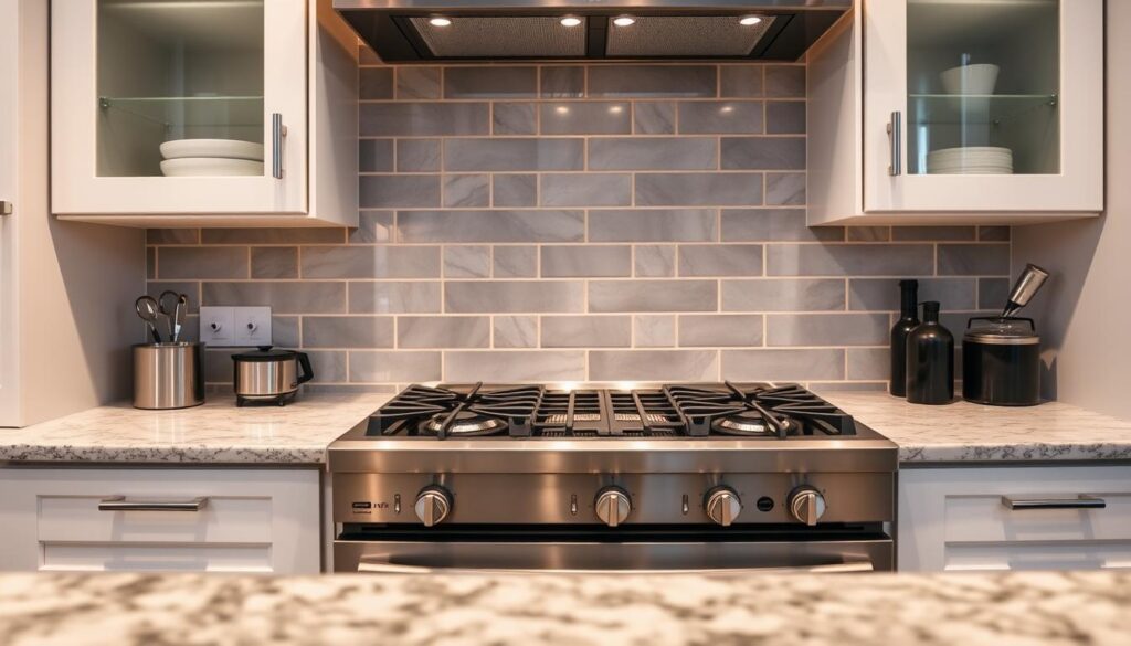 A neatly organized kitchen with a modern gas stove installed on a granite countertop. The stove is set against a tiled backsplash, with chrome fixtures and appliances complementing the sleek, contemporary design. Soft, diffused lighting illuminates the scene, creating a warm and inviting atmosphere. The camera angle captures the stove from a slightly elevated perspective, showcasing its integration into the overall kitchen layout. The background features muted colors and simple decor, allowing the gas stove installation to be the focal point of the image.