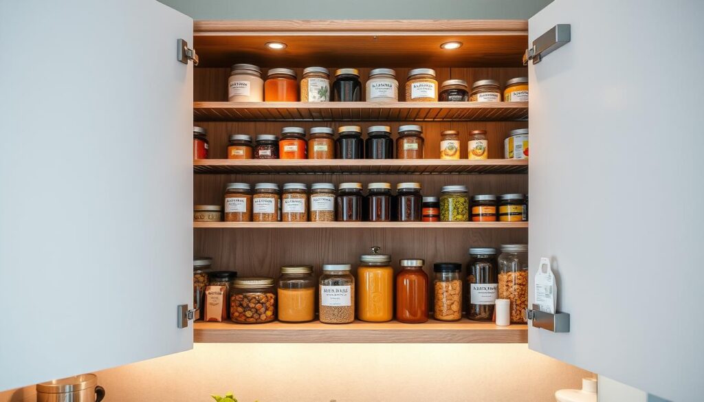 A neatly organized pantry cupboard against a warm, welcoming backdrop. The cupboard features a mix of wood and metal shelves, perfectly suited for a modern Pretoria kitchen. Soft, diffused lighting illuminates the orderly arrangement of jars, cans, and labeled containers, creating a sense of tranquility and efficiency. The scene captures the regional variations in pantry cupboard installation pricing across Johannesburg, Pretoria, and Gauteng, hinting at the quality craftsmanship and customization options available to local homeowners.