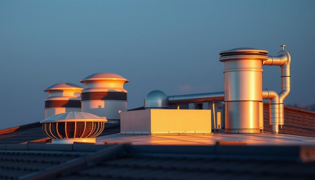 A neatly organized rooftop ventilation system in a modern Johannesburg suburb, showcasing the various components - sleek, low-profile vents, discreetly integrated turbines, and streamlined ductwork. The system is bathed in warm, directional lighting, capturing the intricate engineering and attention to detail. The image presents a close-up, angled view, allowing the viewer to appreciate the system's efficient and visually cohesive design, seamlessly blending into the roofline. The overall scene conveys a sense of functional sophistication, representative of the high-quality roof ventilation solutions available throughout the Gauteng region.