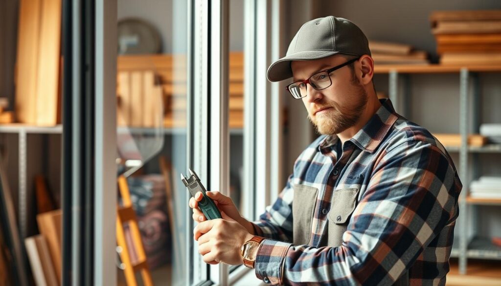 A neatly organized workshop with an experienced handyman working diligently on installing an aluminum window frame. The lighting is warm and natural, highlighting the intricate details of the handyman's tools and the sleek, modern design of the window. The background features a clean, tidy workspace with shelves of building materials, conveying a sense of professionalism and attention to quality. The handyman's focused expression and measured movements suggest a high level of skill and expertise, capturing the essence of an affordable, yet reliable, aluminum window installation service.