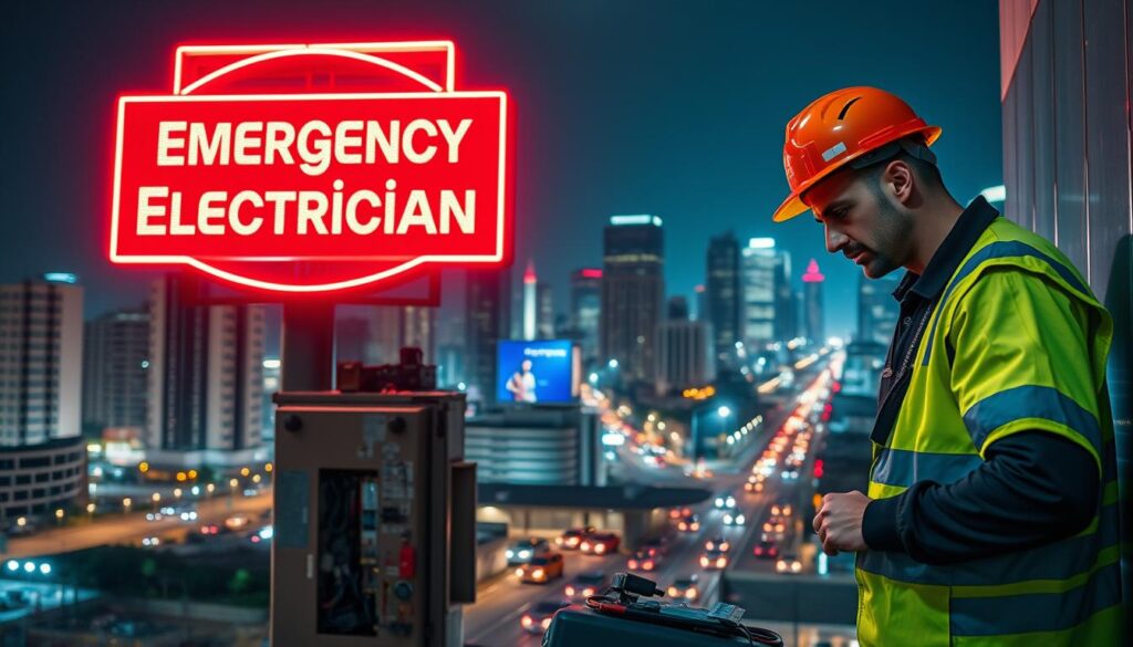 A neon-lit cityscape at night, with a prominent sign displaying "Emergency Electrician" against the backdrop of skyscrapers and bustling streets. In the foreground, a technician in a reflective vest and hardhat examines a control panel, surrounded by tools and equipment. The image conveys a sense of urgency and professionalism, capturing the essence of emergency electrical services in the urban landscape of Gauteng.