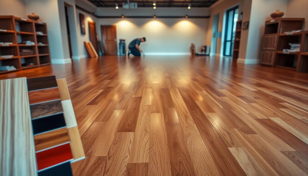 A pristine hardwood floor in a well-lit Gauteng showroom, the natural grain and rich hues illuminated by warm overhead lighting. The floor has been expertly sanded, revealing a flawless surface ready to be coated in a lustrous varnish. In the foreground, sample swatches of different varnish finishes are displayed, allowing customers to visualize the end result. The background showcases the scope of the floor sanding and varnishing services available, with a technician kneeling to demonstrate the meticulous process. The overall scene conveys the high-quality craftsmanship and attention to detail that defines a professional floor refinishing service in the Gauteng region.