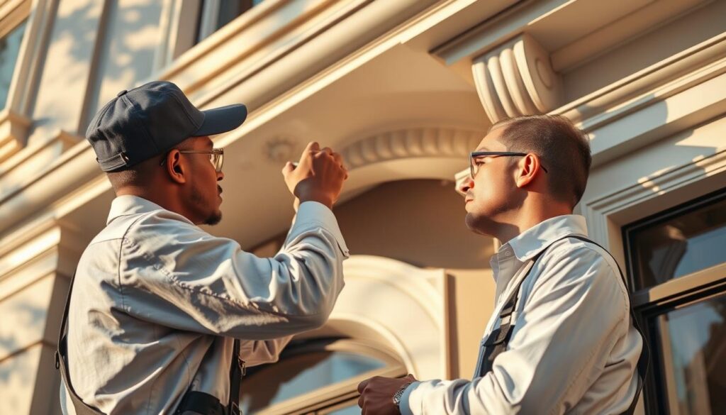 A professional cornice repair service in Gauteng, South Africa. A skilled technician carefully inspecting a decorative plaster cornice on the exterior of a stately commercial building. Warm afternoon sunlight casts dramatic shadows, highlighting the intricate molding details. The worker, dressed in a crisp uniform, is using specialized tools to assess any cracks or damage, preparing to meticulously restore the cornice to its original grandeur. The elegant façade of the building is visible in the background, showcasing the importance of preserving the architectural heritage of Gauteng. A serene, focused atmosphere conveys the expertise and care required for professional cornice repair. A professional cornice repair service in Gauteng, South Africa. A skilled technician carefully inspecting a decorative plaster cornice on the exterior of a stately commercial building. Warm afternoon sunlight casts dramatic shadows, highlighting the intricate molding details. The worker, dressed in a crisp uniform, is using specialized tools to assess any cracks or damage, preparing to meticulously restore the cornice to its original grandeur. The elegant façade of the building is visible in the background, showcasing the importance of preserving the architectural heritage of Gauteng. A serene, focused atmosphere conveys the expertise and care required for professional cornice repair.