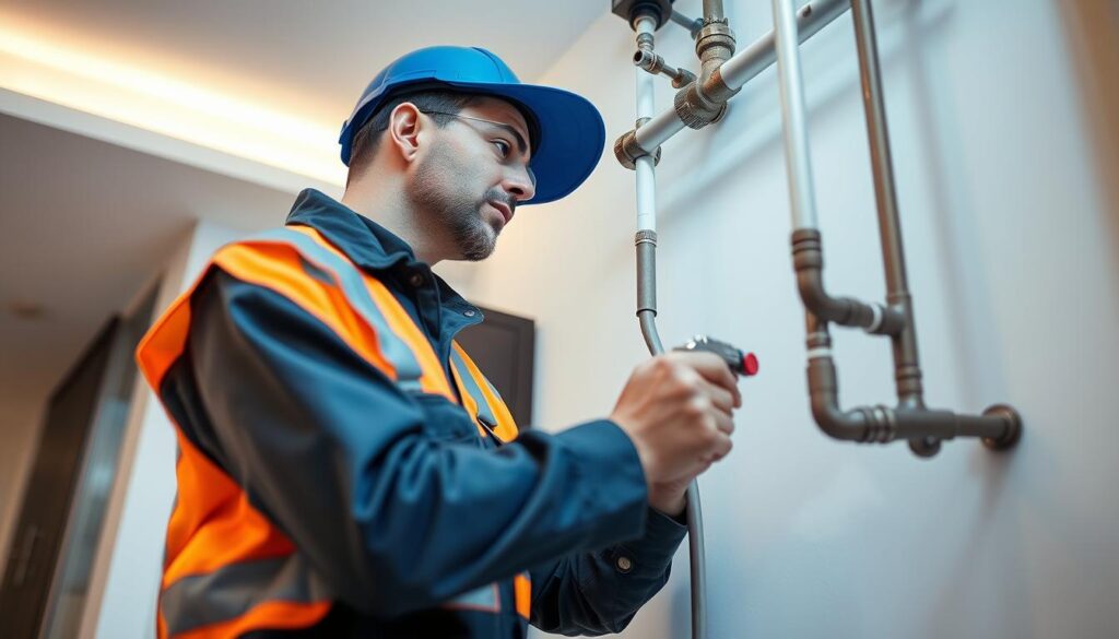 A professional, experienced plumber working on a residential plumbing installation in a modern, well-lit Gauteng home. The plumber is wearing a uniform and safety gear, using high-quality tools and materials to ensure a reliable, long-lasting system. The camera captures a mid-shot, showcasing the plumber's expertise as they expertly connect pipes, adjust valves, and inspect the installation. The scene conveys a sense of professionalism, efficiency, and attention to detail, reflecting the reliable services offered by independent handyman companies in the Gauteng region.