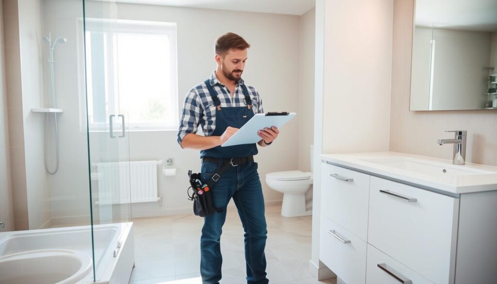 A professional handyman assessing a vanity basin installation, standing in a well-lit bathroom with natural sunlight filtering through the window. The handyman is examining the plumbing and cabinet setup, taking measurements and making notes on a clipboard. The room is clean and modern, with sleek tile flooring and neutral-toned walls. The overall atmosphere conveys a sense of careful evaluation and attention to detail, as the handyman meticulously inspects the work area in preparation for providing a detailed installation quote.