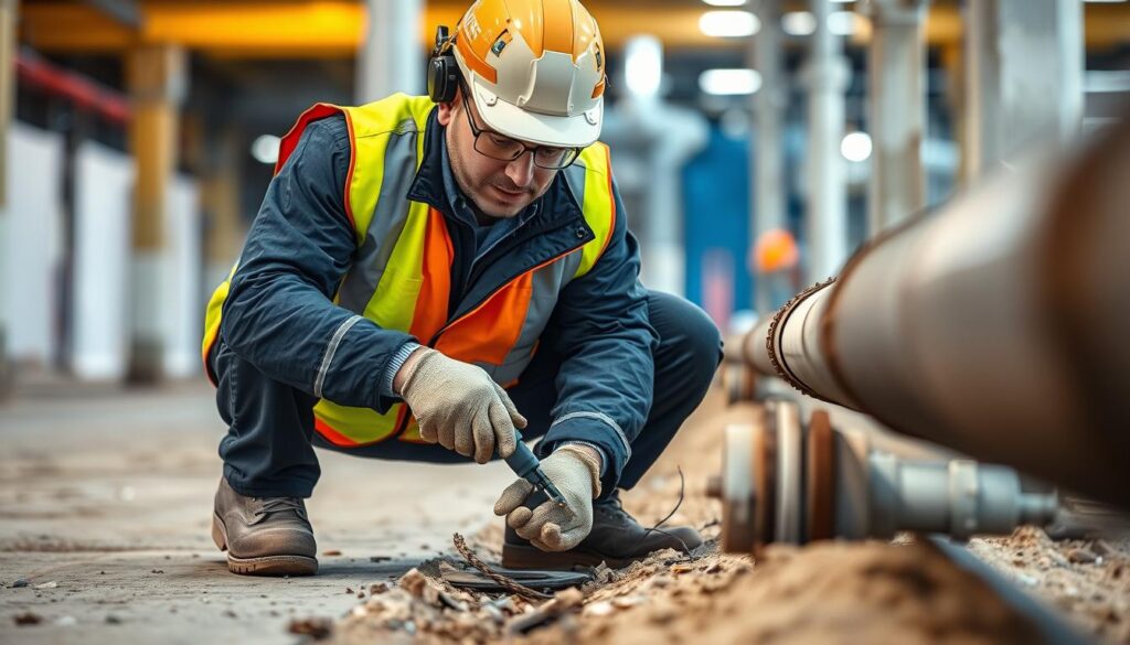 A professional leak detection specialist working diligently, clad in a high-visibility vest and safety gear, kneeling beside a damaged pipe, closely examining it with specialized tools. The scene is set in a well-lit industrial or construction site, with a sense of purpose and attention to detail. The specialist's facial expression conveys focus and expertise, as they meticulously inspect the problem, ready to provide a comprehensive analysis and cost estimate for the necessary repairs. The background is blurred, emphasizing the specialist's actions and the importance of their role in ensuring the integrity of the infrastructure.