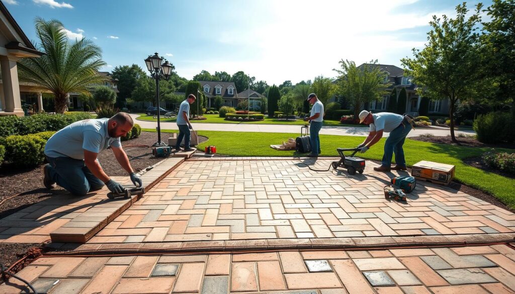 A professional paving crew diligently installing high-quality natural stone pavers in a neatly organized worksite. In the foreground, workers carefully lay the pavers in a herringbone pattern, ensuring tight joints and seamless transitions. In the middle ground, power tools and equipment stand ready to aid the installation process. The background features a well-manicured suburban landscape, with lush greenery and a clear blue sky providing a picturesque setting. Soft, diffused lighting from the overhead sun casts gentle shadows, accentuating the texture and depth of the pavers. The overall scene conveys a sense of expertise, efficiency, and attention to detail - hallmarks of a professional paving installation service.