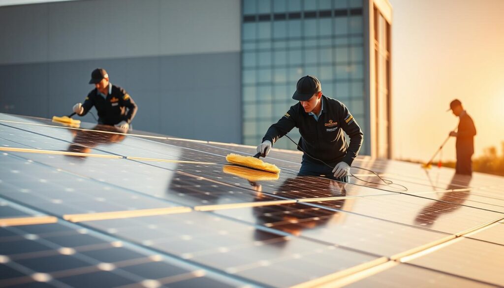 A professional solar panel cleaning service in Gauteng, South Africa. A crew of skilled technicians in crisp, branded uniforms carefully wiping down rows of shiny, efficient solar panels. The scene is bathed in warm, golden sunlight, casting long shadows and highlighting the panels' sleek, metallic surfaces. In the background, a modern commercial or industrial building stands tall, its facade reflecting the renewable energy being generated. The overall mood is one of expertise, efficiency, and a commitment to sustainable, eco-friendly practices.