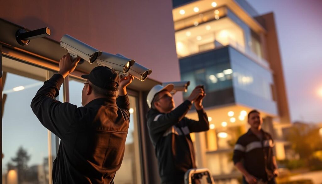 A professional, well-equipped CCTV installation team working diligently at a commercial property in Gauteng. The technicians are carefully mounting state-of-the-art cameras on the exterior walls, ensuring comprehensive coverage and optimal surveillance. The scene is bathed in warm, diffused lighting, creating a sense of professionalism and expertise. In the background, the modern architecture of the building stands tall, conveying a thriving, prosperous business environment. The overall mood is one of confidence, reliability, and a commitment to providing top-notch security solutions tailored to the needs of the local community.