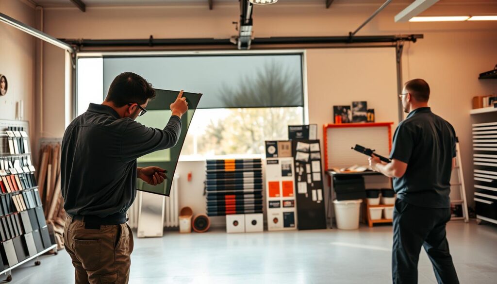 A professional window tinting installation service set in a well-lit, modern garage. In the foreground, two skilled technicians carefully applying a high-quality tinting film to a large residential window, using specialized tools and meticulous techniques. The middle ground showcases an array of tinting samples and product displays, hinting at the wide range of options available. In the background, the garage's clean, organized workspace conveys a sense of expertise and attention to detail. Warm, natural lighting illuminates the scene, creating a welcoming and professional atmosphere. The overall impression is one of a trusted, reliable service provider capable of delivering exceptional results for residential window tinting projects.