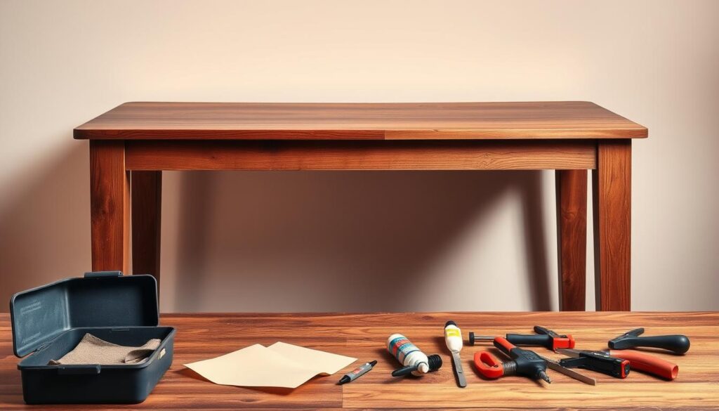 A professional wooden table set against a neutral background, illuminated by warm, directional lighting that accentuates the grain and texture of the wood. The table's surface is slightly distressed, showcasing minor scratches and nicks, conveying a sense of character and history. In the foreground, a toolbox and various repair implements, such as sandpaper, wood glue, and clamps, are carefully arranged, suggesting the process of restoring the table to its former glory. The composition emphasizes the attention to detail and craftsmanship required for professional table repair, capturing the essence of the "Comprehensive Table and Desk Repair Costs Breakdown" section.