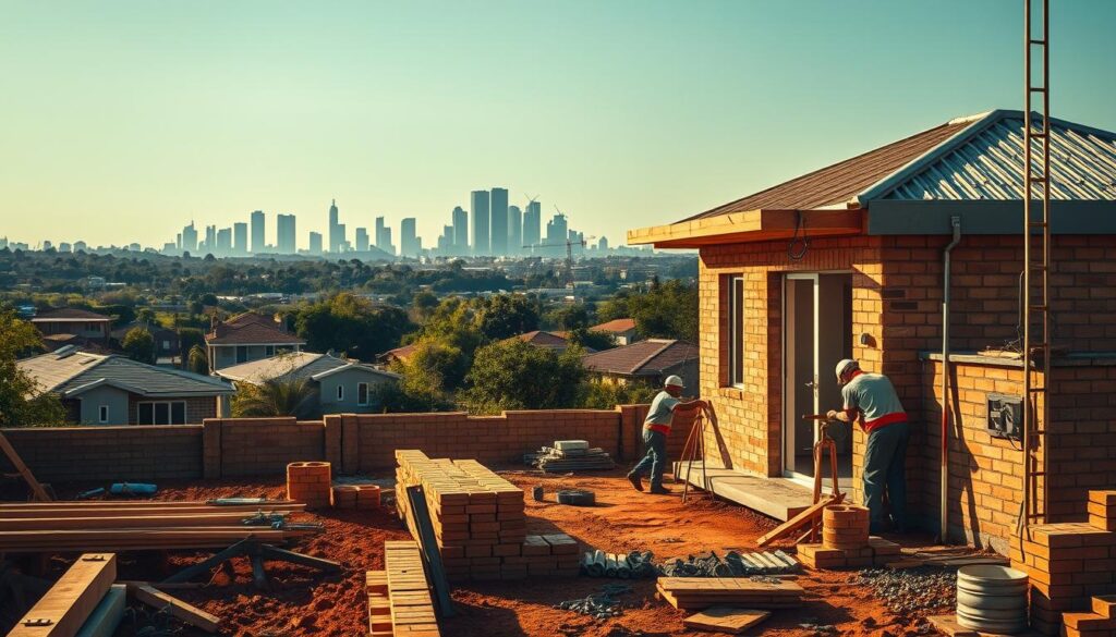 A serene, well-lit construction site in the suburbs of Gauteng province, showcasing the construction of a charming granny flat. In the foreground, skilled workers carefully lay bricks and mortar, their movements captured in a sharp, cinéma vérité style. The middle ground features a neatly organized array of building materials, including timber, tiles, and plumbing fixtures. In the background, the skyline of Johannesburg or Pretoria rises, a blend of modern skyscrapers and lush greenery. The scene is bathed in warm, golden sunlight, conveying a sense of productivity and progress. The overall atmosphere is one of efficiency, craftsmanship, and the growth of the Gauteng province's residential landscape. A serene, well-lit construction site in the suburbs of Gauteng province, showcasing the construction of a charming granny flat. In the foreground, skilled workers carefully lay bricks and mortar, their movements captured in a sharp, cinéma vérité style. The middle ground features a neatly organized array of building materials, including timber, tiles, and plumbing fixtures. In the background, the skyline of Johannesburg or Pretoria rises, a blend of modern skyscrapers and lush greenery. The scene is bathed in warm, golden sunlight, conveying a sense of productivity and progress. The overall atmosphere is one of efficiency, craftsmanship, and the growth of the Gauteng province's residential landscape.