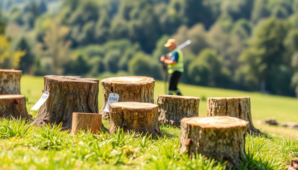 A serene, well-lit scene showcasing the key factors that determine stump removal costs. In the foreground, a variety of tree stumps of different sizes and shapes, each with a price tag indicating the cost for their removal. In the middle ground, a worker with professional equipment, assessing the stumps. The background features a tranquil, lush green landscape, hinting at the diverse settings where this service may be required. The lighting is soft and natural, creating a sense of clarity and emphasizing the textural details of the stumps. The overall composition conveys the nuanced, variable nature of stump removal pricing. A serene, well-lit scene showcasing the key factors that determine stump removal costs. In the foreground, a variety of tree stumps of different sizes and shapes, each with a price tag indicating the cost for their removal. In the middle ground, a worker with professional equipment, assessing the stumps. The background features a tranquil, lush green landscape, hinting at the diverse settings where this service may be required. The lighting is soft and natural, creating a sense of clarity and emphasizing the textural details of the stumps. The overall composition conveys the nuanced, variable nature of stump removal pricing.