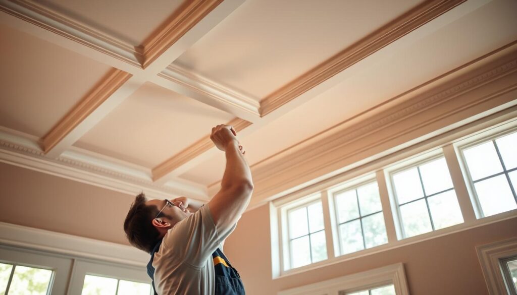 A skilled craftsman meticulously installing elegant, ornate cornice trim along the ceiling of a spacious, well-lit room. The cornice features intricate molding and ornamental detailing, expertly fitted to create a polished, professional appearance. The worker, dressed in a clean uniform, uses precision tools and techniques to seamlessly integrate the cornice into the room's architectural design. Warm, natural lighting from large windows casts a soft glow, accentuating the cornice's shadows and highlights. The finished result conveys a sense of quality craftsmanship and attention to detail, showcasing the benefits of hiring a professional for a sophisticated, high-end cornice installation. A skilled craftsman meticulously installing elegant, ornate cornice trim along the ceiling of a spacious, well-lit room. The cornice features intricate molding and ornamental detailing, expertly fitted to create a polished, professional appearance. The worker, dressed in a clean uniform, uses precision tools and techniques to seamlessly integrate the cornice into the room's architectural design. Warm, natural lighting from large windows casts a soft glow, accentuating the cornice's shadows and highlights. The finished result conveys a sense of quality craftsmanship and attention to detail, showcasing the benefits of hiring a professional for a sophisticated, high-end cornice installation.