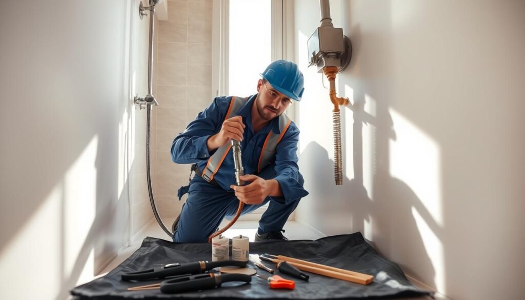 A skilled plumber, wearing a blue uniform and safety gear, carefully inspecting and replacing a corroded geyser anode in a modern residential bathroom. Warm sunlight filters through the window, casting soft shadows and highlighting the intricate plumbing work. The tools and replacement parts are neatly organized on a tarp, indicating a professional and efficient approach. The scene conveys the importance of proper geyser maintenance and the expertise required to ensure the longevity and safety of a home's hot water system.