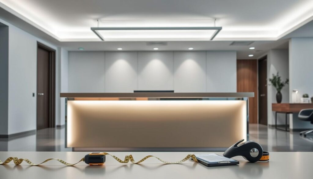 A sleek and modern reception desk, illuminated by soft, diffused lighting, stands prominently in the center of the frame. The desktop features a smooth, minimalist design in a neutral tone, complemented by a stylish, chrome-accented structure. In the foreground, a tape measure and a clipboard with paperwork suggest the process of installation and pricing evaluation. The background showcases a contemporary office space, with clean lines, muted colors, and subtle architectural details that create a professional, yet inviting atmosphere. The overall composition conveys a sense of efficiency, attention to detail, and a seamless integration of form and function, reflecting the essence of the "Regional Pricing Across Gauteng and South Africa" section.