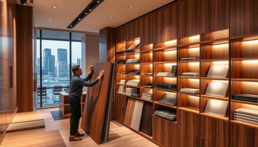 A sleek, contemporary bespoke joinery showroom in a bustling Johannesburg commercial district. The room is bathed in warm, soft lighting that highlights the rich textures and intricate details of the custom-crafted cabinetry and shelving. In the foreground, a professional installer meticulously fits a set of premium wood panels, their precision movements capturing the expertise required for this high-end installation. The middle ground showcases an array of sample materials and finishes, allowing potential clients to envision the possibilities for their own unique spaces. In the background, the city skyline is visible through large windows, providing a dynamic urban backdrop to this specialized joinery service. A sleek, contemporary bespoke joinery showroom in a bustling Johannesburg commercial district. The room is bathed in warm, soft lighting that highlights the rich textures and intricate details of the custom-crafted cabinetry and shelving. In the foreground, a professional installer meticulously fits a set of premium wood panels, their precision movements capturing the expertise required for this high-end installation. The middle ground showcases an array of sample materials and finishes, allowing potential clients to envision the possibilities for their own unique spaces. In the background, the city skyline is visible through large windows, providing a dynamic urban backdrop to this specialized joinery service.