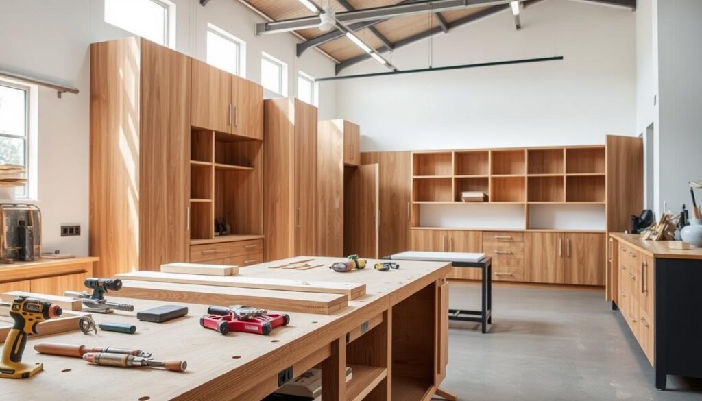 A sleek, contemporary bespoke joinery workshop, showcasing a range of custom cabinetry and built-in furniture. The foreground features a neatly organized workbench with various woodworking tools and materials, hinting at the precision and craftsmanship involved. In the middle ground, intricate joint connections and polished wood surfaces demonstrate the attention to detail. The background reveals a well-lit, minimalist space with ample natural light flooding in, creating a serene and professional atmosphere. The overall scene conveys the high-quality and tailored nature of bespoke joinery, emphasizing the factors that contribute to its installation cost in South Africa. A sleek, contemporary bespoke joinery workshop, showcasing a range of custom cabinetry and built-in furniture. The foreground features a neatly organized workbench with various woodworking tools and materials, hinting at the precision and craftsmanship involved. In the middle ground, intricate joint connections and polished wood surfaces demonstrate the attention to detail. The background reveals a well-lit, minimalist space with ample natural light flooding in, creating a serene and professional atmosphere. The overall scene conveys the high-quality and tailored nature of bespoke joinery, emphasizing the factors that contribute to its installation cost in South Africa.