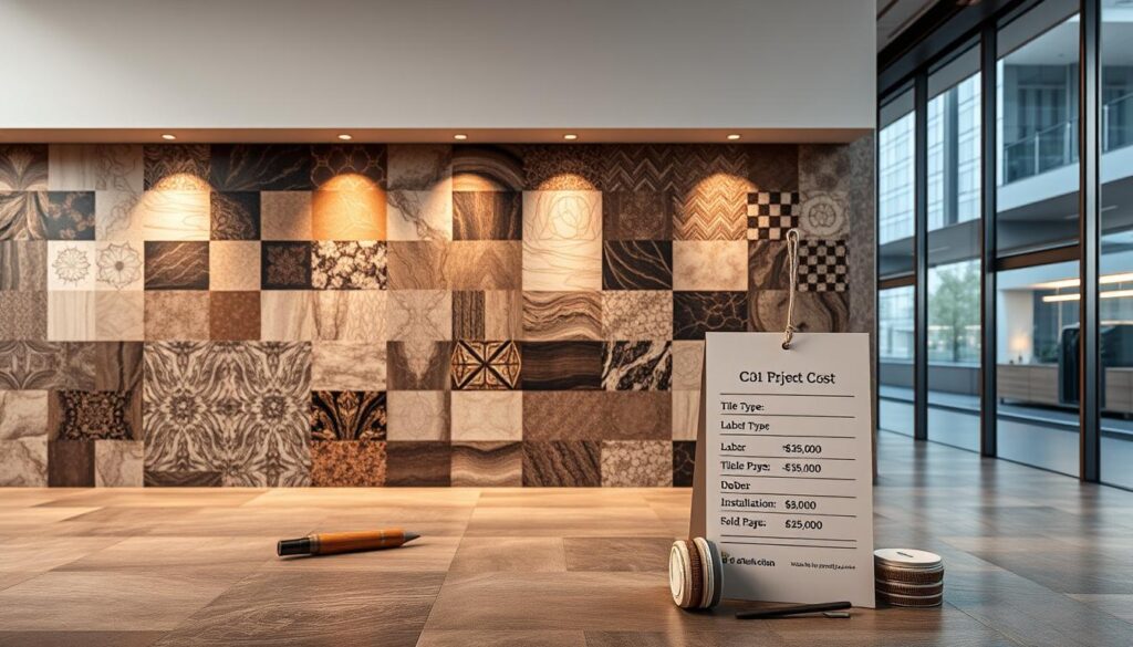 A sleek, contemporary tiling display showcasing a variety of high-quality tiles and textures against a minimalist backdrop. The tiles are arranged in a visually striking pattern, highlighting their intricate designs and colors. The scene is bathed in warm, diffused lighting, creating a sense of depth and dimension. In the foreground, a price tag or cost breakdown prominently features key factors that influence the overall project cost, such as tile type, labor, and installation. The middle ground features tools and materials commonly used in tiling projects, subtly conveying the complexity and expertise required. The background depicts a modern, urban setting reminiscent of Johannesburg, with clean architectural lines and a sophisticated ambiance.