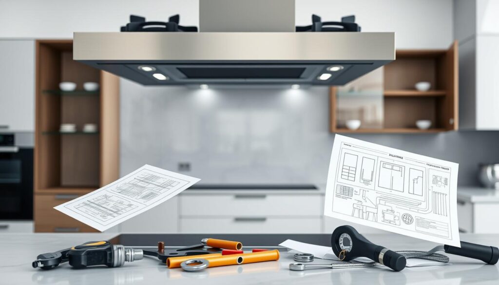A sleek gas oven against a backdrop of a modern kitchen interior, with crisp lighting and clean lines. In the foreground, detailed schematics and installation diagrams hover, showcasing the key components and steps required for a professional gas oven setup. The middle ground features tools and materials commonly used by experienced technicians, such as wrenches, tubing, and safety gear. The background depicts an airy, well-lit space with minimalist cabinetry and countertops, creating an atmosphere of precision and efficiency. The overall scene conveys the technical expertise and careful planning needed for a seamless gas oven installation in a contemporary South African home.