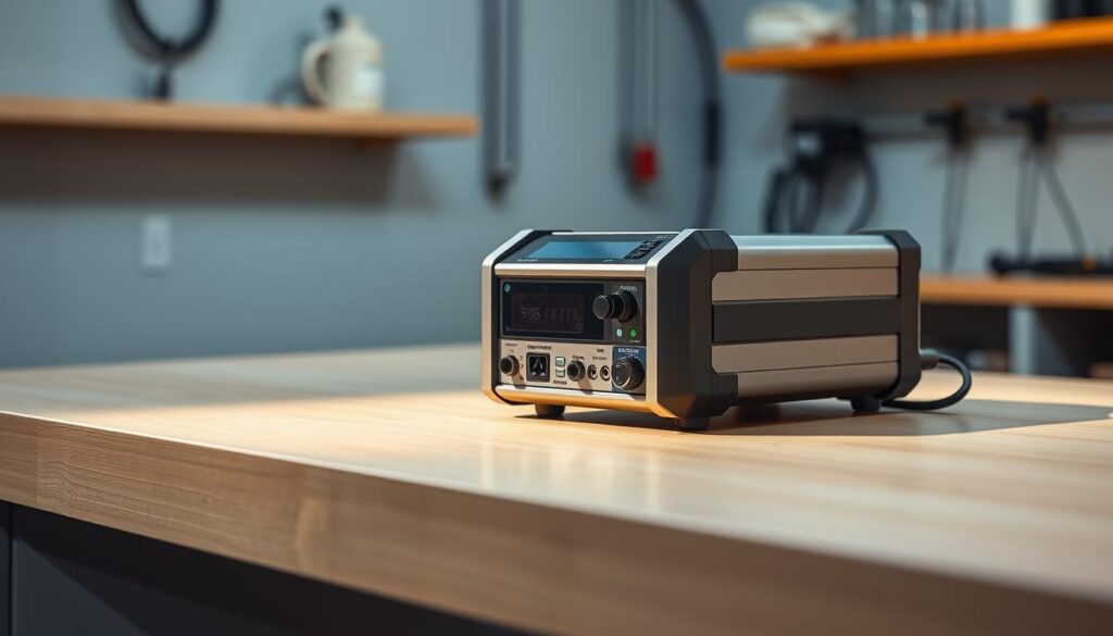 A sleek, high-tech ultrasonic leak detection device on a clean, minimalist workbench, illuminated by soft, directional lighting from the side. The device has a smooth, metallic body with a digital display and various buttons and ports, conveying its advanced, professional-grade capabilities. The workbench is made of a light-colored wood or laminate, creating a modern, industrial ambiance. The background is slightly blurred, emphasizing the device as the focal point, showcasing its precision engineering and technological sophistication.