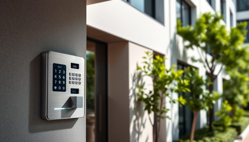 A sleek, minimalist entry system installed against a modern office building facade. The front panel features a keypad, card reader, and biometric scanner, all in a brushed metal finish. Subtle LED accents illuminate the controls, creating a sense of high-tech security. The background showcases a well-manicured landscape with lush greenery, conveying a professional, corporate atmosphere. Crisp, directional lighting from above casts dramatic shadows, emphasizing the clean lines and premium materials. The overall impression is one of a robust, state-of-the-art access control solution seamlessly integrated into the architectural design.