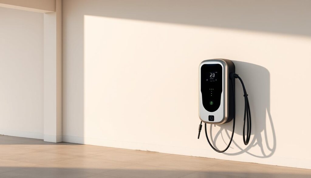 A sleek, modern 3-phase electric car charging station situated in a well-lit, minimalist garage interior. The charger, in a brushed metal finish, is mounted on the wall, its LED indicators glowing softly. The charger's cables are neatly organized and tucked away, showcasing a clean, professional installation. The background features neutral-toned walls and a smooth, concrete floor, creating a sense of order and functionality. Soft, directional lighting casts subtle shadows, emphasizing the charger's form and the garage's architectural details. The overall scene conveys a sense of advanced, state-of-the-art electric vehicle infrastructure seamlessly integrated into a contemporary living space.