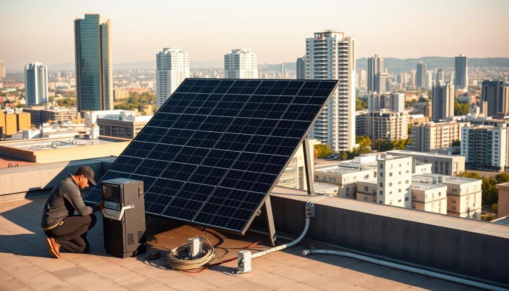 A sleek, modern 5kw solar panel installation nestled against the urban landscape of Gauteng. The array stands prominently on a rooftop, its gleaming black panels angled perfectly to capture the abundant South African sunlight. In the foreground, a technician kneels beside the inverter, meticulously checking the connections. The middle ground reveals the interconnected system of cables and junction boxes, neatly organized and integrated seamlessly into the building's architecture. In the background, the distinctive silhouettes of high-rise office towers and residential complexes create a vibrant metropolitan backdrop, underscoring the urban setting. Crisp shadows and warm, natural lighting lend an air of professionalism and efficiency to the scene, showcasing the practical and cost-effective nature of this 5kw solar power installation.