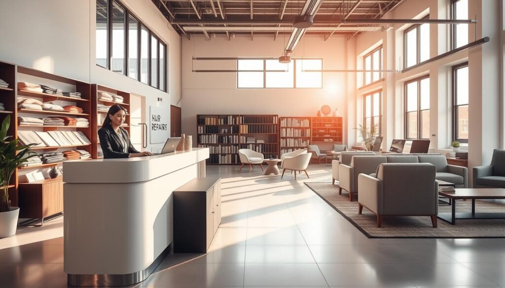 A sleek, modern chair and sofa repair service center nestled in the bustling heart of Gauteng, South Africa. The interior is bathed in warm, natural lighting filtering through large windows, highlighting the pristine, minimalist furniture and decor. In the foreground, a stylish reception desk with a friendly staff member awaits, ready to provide a detailed quote for the repair services. The middle ground showcases neatly organized samples of fabric swatches and upholstery options, while the background features a clean, organized workshop where skilled technicians meticulously restore treasured furniture pieces. An atmosphere of professionalism, efficiency, and customer-centric care permeates the space.