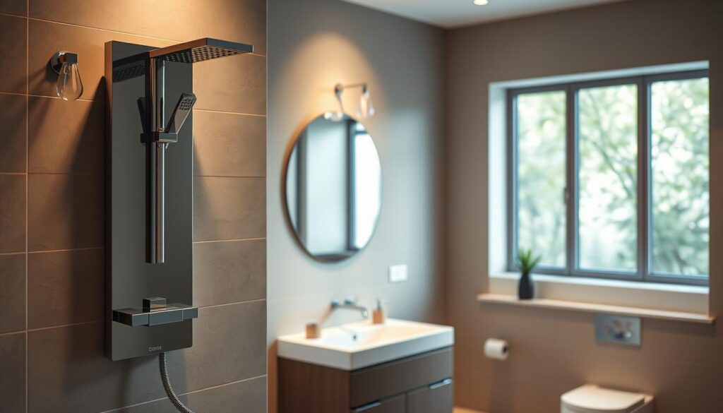 A sleek, modern electric shower unit installed in a tidy bathroom, showcasing its certified installation by a professional handyman. Soft, warm lighting illuminates the scene, highlighting the shower's clean lines and premium chrome finish. The middle ground features a minimalist vanity unit and matching fixtures, while the background subtly blends neutral tiles and a large window, conveying a sense of tranquility and attention to detail. The overall impression is one of quality workmanship and a seamless integration of the electric shower into the broader bathroom design. A sleek, modern electric shower unit installed in a tidy bathroom, showcasing its certified installation by a professional handyman. Soft, warm lighting illuminates the scene, highlighting the shower's clean lines and premium chrome finish. The middle ground features a minimalist vanity unit and matching fixtures, while the background subtly blends neutral tiles and a large window, conveying a sense of tranquility and attention to detail. The overall impression is one of quality workmanship and a seamless integration of the electric shower into the broader bathroom design.