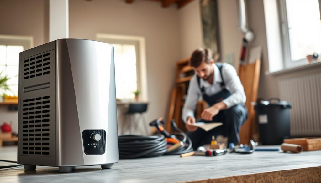 A sleek, modern geyser installation package sits prominently in the foreground, its metallic finish and clean lines capturing the essence of professional-grade equipment. In the middle ground, a skilled handyman, clad in a crisp uniform, examines the installation process with a focused gaze, surrounded by neatly organized tools and materials. The background features a warm, inviting interior space, with natural lighting streaming in through large windows, conveying a sense of efficiency and attention to detail. The overall scene exudes a mood of competence, reliability, and a commitment to providing high-quality geyser installation services.