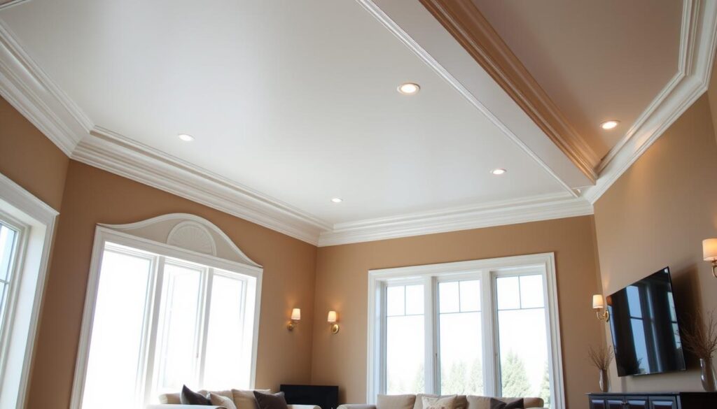 A sleek, modern interior with a focus on a prominent decorative cornice installation. The scene features a well-lit, minimalist living room with large windows, allowing natural light to flood the space. The cornice, crafted from elegant moldings, is the central visual element, showcasing intricate designs and attention to detail. The walls are painted in a warm, neutral tone, complementing the cornice's refined aesthetic. The room is sparsely furnished, with a modern sofa and coffee table, allowing the cornice to take center stage. The lighting is a mix of recessed ceiling fixtures and subtle, adjustable wall sconces, highlighting the cornice's shadows and contours. The overall mood is one of sophistication and craftsmanship, reflecting the high-quality materials and professional installation that contribute to the final cornice installation price. A sleek, modern interior with a focus on a prominent decorative cornice installation. The scene features a well-lit, minimalist living room with large windows, allowing natural light to flood the space. The cornice, crafted from elegant moldings, is the central visual element, showcasing intricate designs and attention to detail. The walls are painted in a warm, neutral tone, complementing the cornice's refined aesthetic. The room is sparsely furnished, with a modern sofa and coffee table, allowing the cornice to take center stage. The lighting is a mix of recessed ceiling fixtures and subtle, adjustable wall sconces, highlighting the cornice's shadows and contours. The overall mood is one of sophistication and craftsmanship, reflecting the high-quality materials and professional installation that contribute to the final cornice installation price.