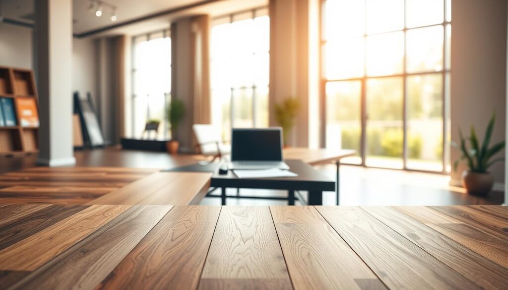 A sleek, modern interior with a prominent laminate flooring display in the foreground. The flooring samples are arranged neatly, showcasing a range of wood-grain textures and finishes. The middle ground features a table with a laptop and documents, suggesting a cost comparison analysis. The background is softly blurred, creating a focus on the flooring options. Warm, natural lighting filters through large windows, casting a welcoming ambiance. The overall scene conveys a sense of professionalism and attention to detail in evaluating different laminate flooring installation costs.