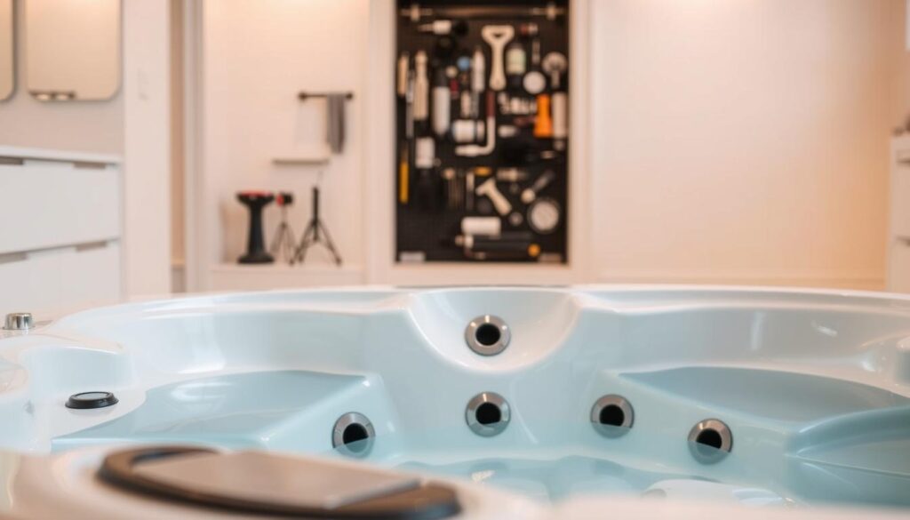 A sleek, modern jacuzzi sits in the foreground, its glossy exterior reflecting the warm, ambient lighting. In the middle ground, various repair tools and components are neatly arranged, hinting at the intricate process of maintaining and servicing the jacuzzi. The background showcases a clean, minimalist bathroom setting, with clean lines and neutral tones that create a sense of tranquility. The overall scene conveys a professional, well-organized approach to jacuzzi repair, highlighting the key factors that contribute to the cost and pricing of such services.