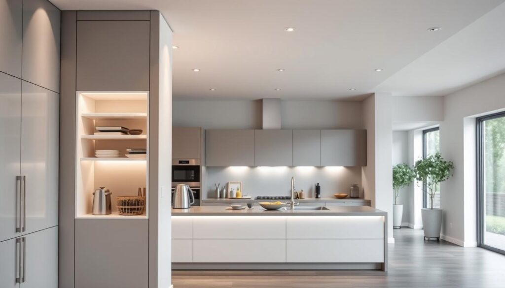 A sleek, modern kitchen interior with a built-in pantry cupboard occupying the foreground. The pantry features clean lines, minimalist design, and integrated lighting, seamlessly blending into the surrounding cabinetry. In the middle ground, a well-lit kitchen countertop showcases various kitchen appliances and decor, while the background depicts a spacious, open-concept layout with large windows allowing natural light to flood the space. The overall atmosphere conveys a sense of functionality, organization, and high-end design that reflects the cost and quality of a professional pantry cupboard installation.