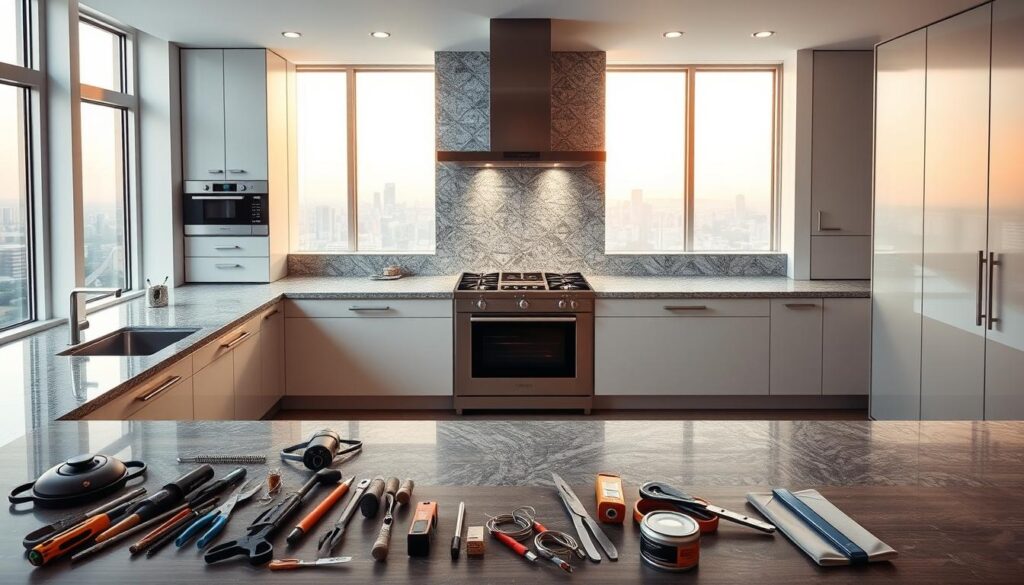 A sleek, modern kitchen interior with a central focus on a high-end stove installation. The stove is surrounded by gleaming granite countertops, state-of-the-art appliances, and minimalist cabinetry in a neutral color palette. Soft, warm lighting filters through large windows, casting a cozy ambiance. In the foreground, various installation tools and hardware are neatly arranged, hinting at the technical details and expertise required for a proper stove setup. The middle ground showcases a detailed breakdown of the key factors influencing stove installation costs, such as electrical wiring, gas line connections, and labor expenses. The background features a panoramic view of the Johannesburg skyline, reinforcing the local context of the article.